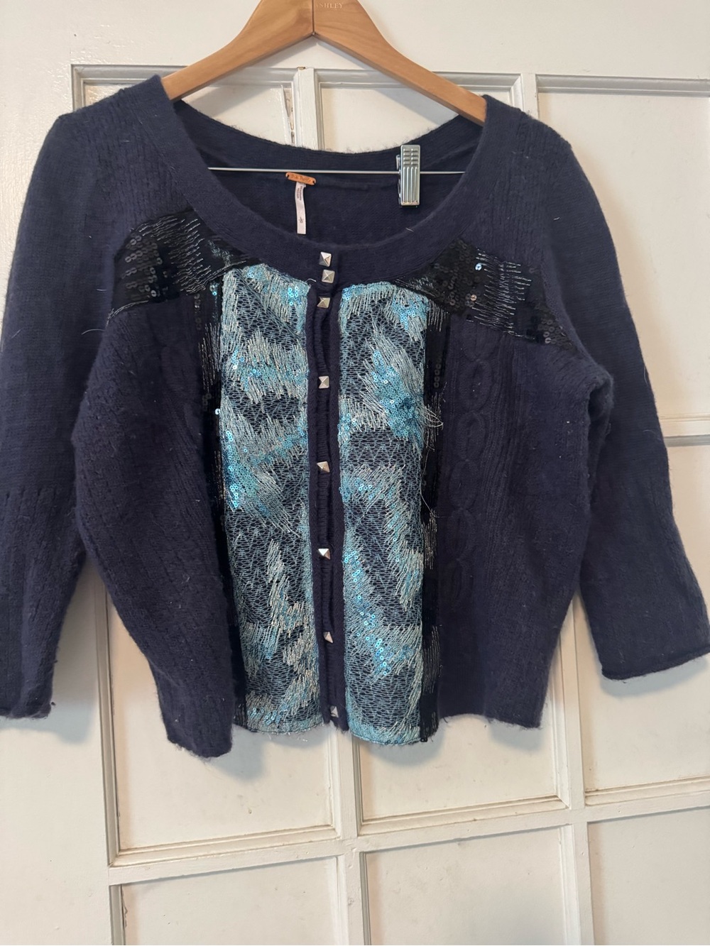 Free People Navy Cardigan with Blue Sequin Lace Front